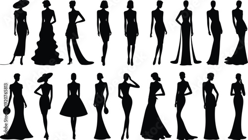 Elegant women silhouettes collection vector set, fashion female models in long evening gowns isolated black figures on white background stylish dress illustration