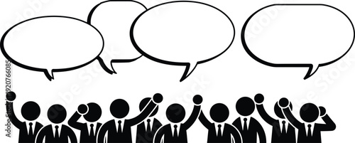 Business people with speech bubbles vector illustration, corporate team communication discussion concept isolated black silhouettes on white background leadership meeting design