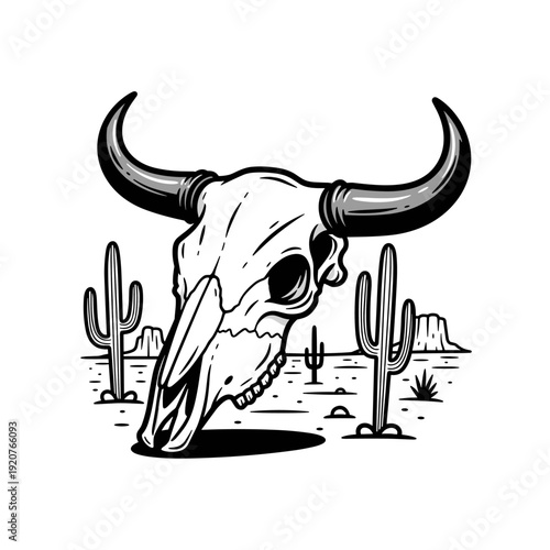 Detailed Illustration of a Bull Skull in a Desert Setting.