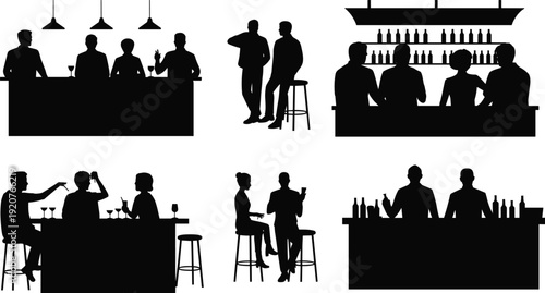Bar and nightclub people silhouettes vector set, men and women drinking cocktails at counter isolated black party crowd illustration on white background