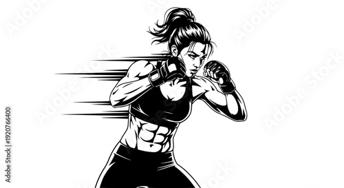 Dynamic female boxer striking pose black and white vector illustration. Transparent background SVG version.