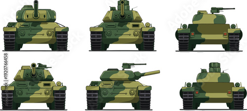 Military tank collection vector illustration, camouflage armored combat vehicles front and rear views isolated on white background army defense equipment set