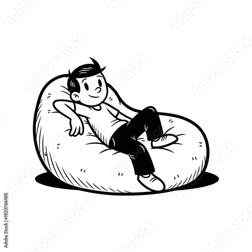 Young Boy Relaxing Comfortably on a Large Bean Bag Chair.