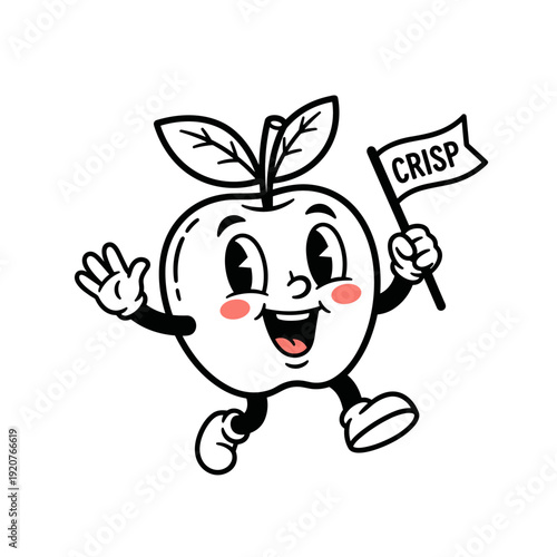 Retro Cartoon Apple Character Waving Flag.