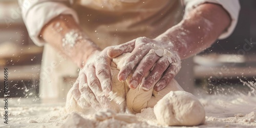 Baker kneading dough on floured table preparing fresh bread by hand
