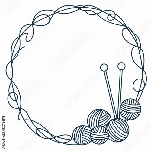 A minimalist design features a circle made of yarn with knitting needles and balls of yarn at the bottom right.