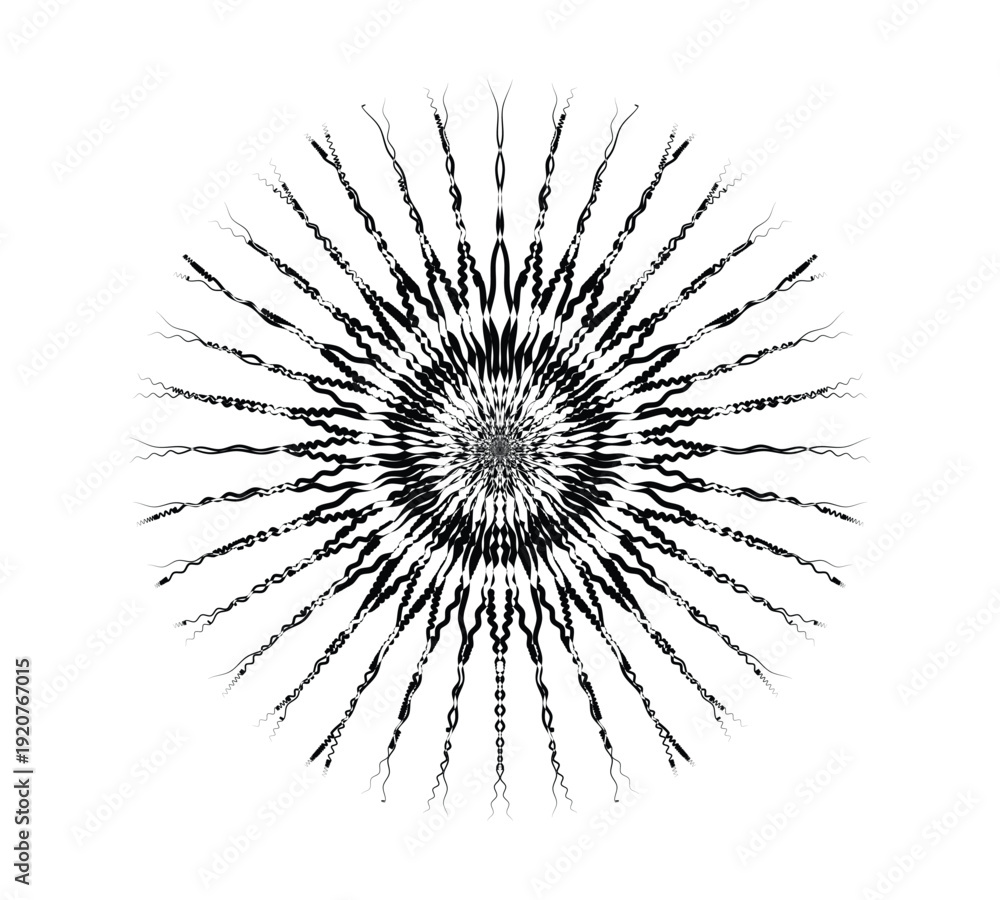 Fototapeta premium Black and white abstract radial pattern with dense center and radiating lines