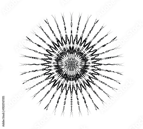Black and white abstract radial pattern with dense center and radiating lines