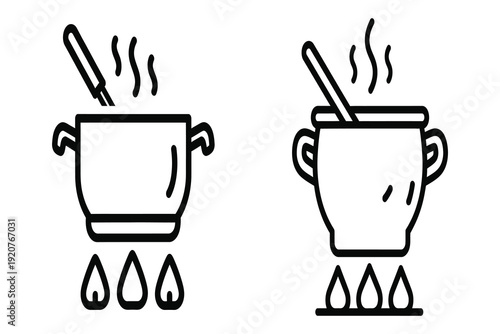 Two simple line drawings of pots being heated