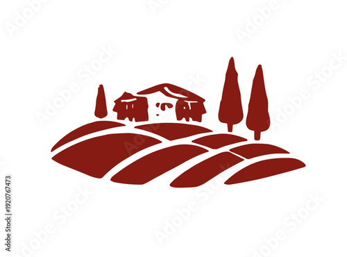 Rustic house on hilly landscape with trees in flat design style  