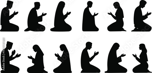 Muslim man and woman praying silhouette set, Islamic prayer kneeling pose collection isolated black vector illustration