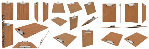 Set and collection of wooden clipboards with metal clips in various angles and perspective views for office stationery mockup isolated on white transparent PNG background
