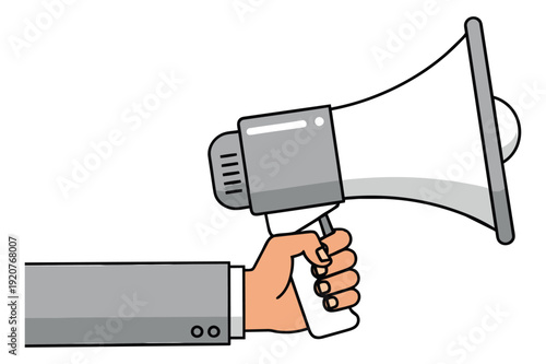 Hand drawn line art illustration of a hand holding a megaphone depicting an announcement for marketing and public relations