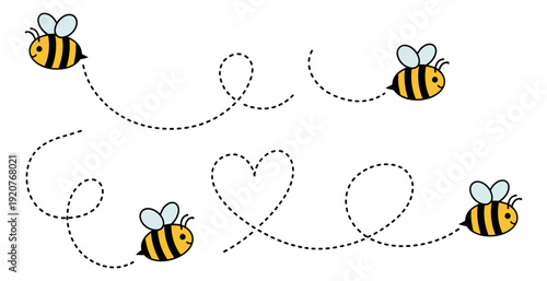 Cute cartoon bee set featuring various flight paths with dotted lines and a heart shape for design elements