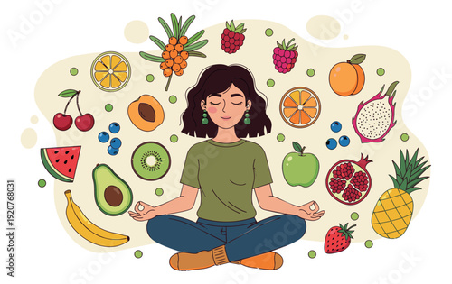 Hand drawn healthy food set featuring a woman meditating and various fresh fruits for mindful eating concepts