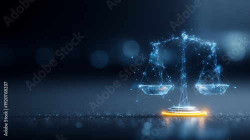 Digital justice scale hologram representing legal technology compliance and balanced regulation concept.
