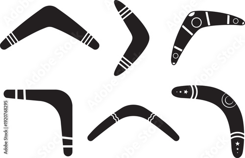 Boomerang Collection Silhouette: A collection of six unique black silhouette boomerangs, capturing the essence of the aboriginal heritage, ready to be launched and come back.
