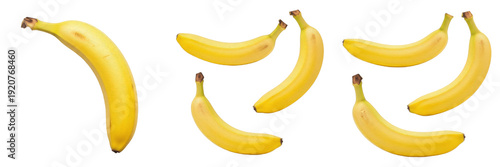 Set and collection of fresh yellow bananas in various groups and individual angles for healthy snack concept isolated on white transparent PNG background