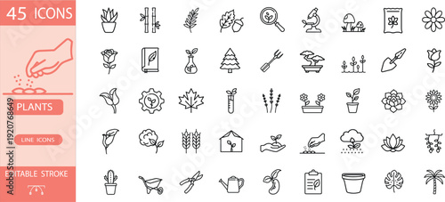 Plants and botany line icon set with flower pot, bamboo, leaf garden, microscope research, mushroom, cactus, seeds sprout, gardening tool more vector illustration editable stroke.