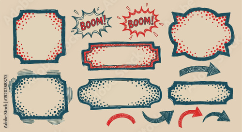 A curated collection of vintage-inspired decorative labels and comic book elements on a tan parchment background. This set features ornate frame shapes with rough, hand-sketched outlines and dynamic 