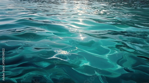 Sunlight shines on the surface of clear water with gentle waves. The scene shows vibrant blue and green hues as the water moves. It depicts a warm day at a beach.