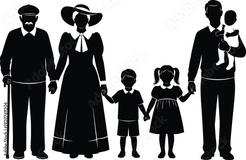 Family generation silhouettes, grandparents parents children icons, heritage unity figures, lineage bond artwork, multi-generational household design elements - flat vector illustration