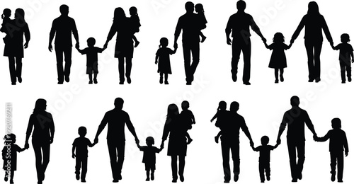 Family group silhouettes, parents children icons, diverse household figures, parental care artwork, family bond design elements, black white style - flat vector illustration