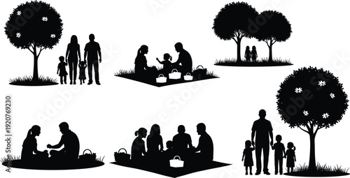 Family outdoor silhouettes, picnic leisure icons, parent child figures, nature bonding artwork, togetherness relationship design elements - flat vector illustration