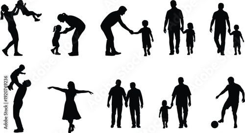 Family life silhouettes, parents children icons, caregiving bonding figures, play support artwork, household relationship design elements - flat vector illustration
