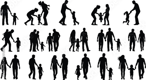 Family silhouettes, parent child icons, caregiving figures, play walk lift artwork, relationship bond design elements, human connection graphics - flat vector illustration