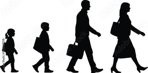 Family walking silhouettes, parents children icons, progression of age stages, carrying bags artwork, household bond design, black white style - flat vector illustration