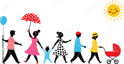 Family silhouettes, parents children walking icons, carrying bags artwork, progression of age stages, household bond design, black white style - flat vector illustration