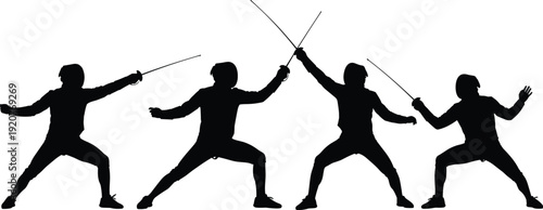 Fencing silhouettes, sword fighting icons, protective gear figures, foil sabre épée artwork, combat sport design elements - flat vector illustration