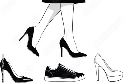 Footwear fashion vector illustration, walking legs in high heels with sneakers, platforms, and shoe variations - flat vector illustration