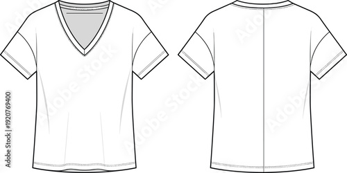 V-neck T-shirt sketch, short sleeve apparel design, front back garment views, fashion technical drawing, clothing construction artwork - flat vector illustration