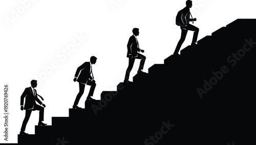 Business professional silhouettes, career progression icons, staircase growth figures, ambition success artwork, personal development design elements - flat vector illustration