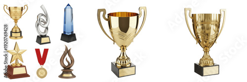 Set and collection of golden trophies, silver medals, and glass awards in various shapes for sports and business recognition isolated on white transparent PNG background