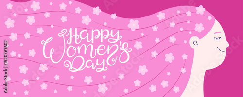 Happy Womens Day hand lettering quote, woman character. Feminism, gender equa...