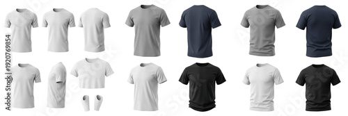 Set and collection of blank white, black, grey, and navy blue t-shirts in various views for men's fashion apparel mockup isolated on white transparent PNG background