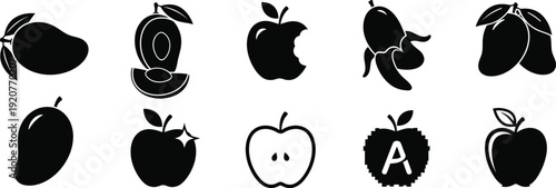 Collection of various fruit illustrations in black and white