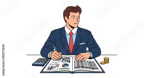 Businessman Reading Book at Desk.