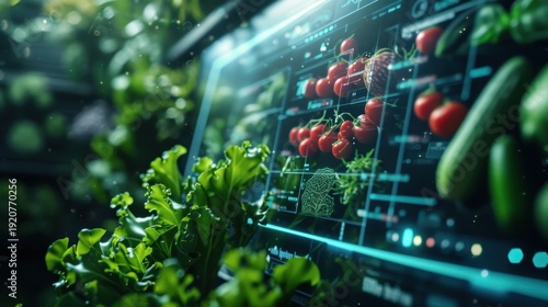 Futuristic Hydroponic Vertical Farm Monitoring Plants With Digital UI Interface