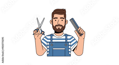 Cartoon Barber Holding Scissors and Clipper.