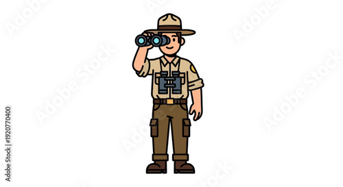 Cartoon Park Ranger Man Looking Through Binoculars.