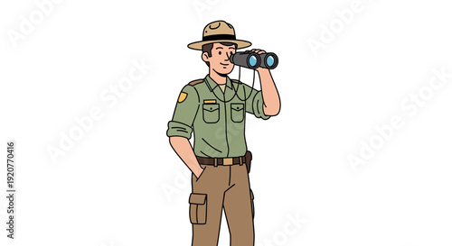 Cartoon Ranger Man with Binoculars Outdoors.