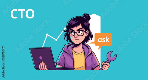 Cartoon Woman Working on Laptop with Wrench.