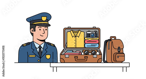 Cartoon Policeman with Luggage and Backpack.