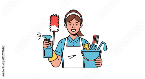Cleaning Lady Holding Spray Bottle and Bucket.