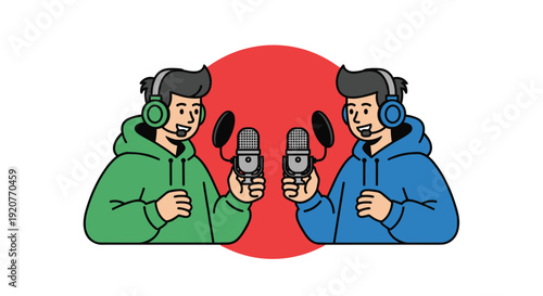 Two Cartoon Podcasters Recording with Microphones.