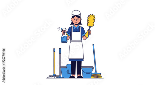 Cleaning Lady with Mop and Duster.